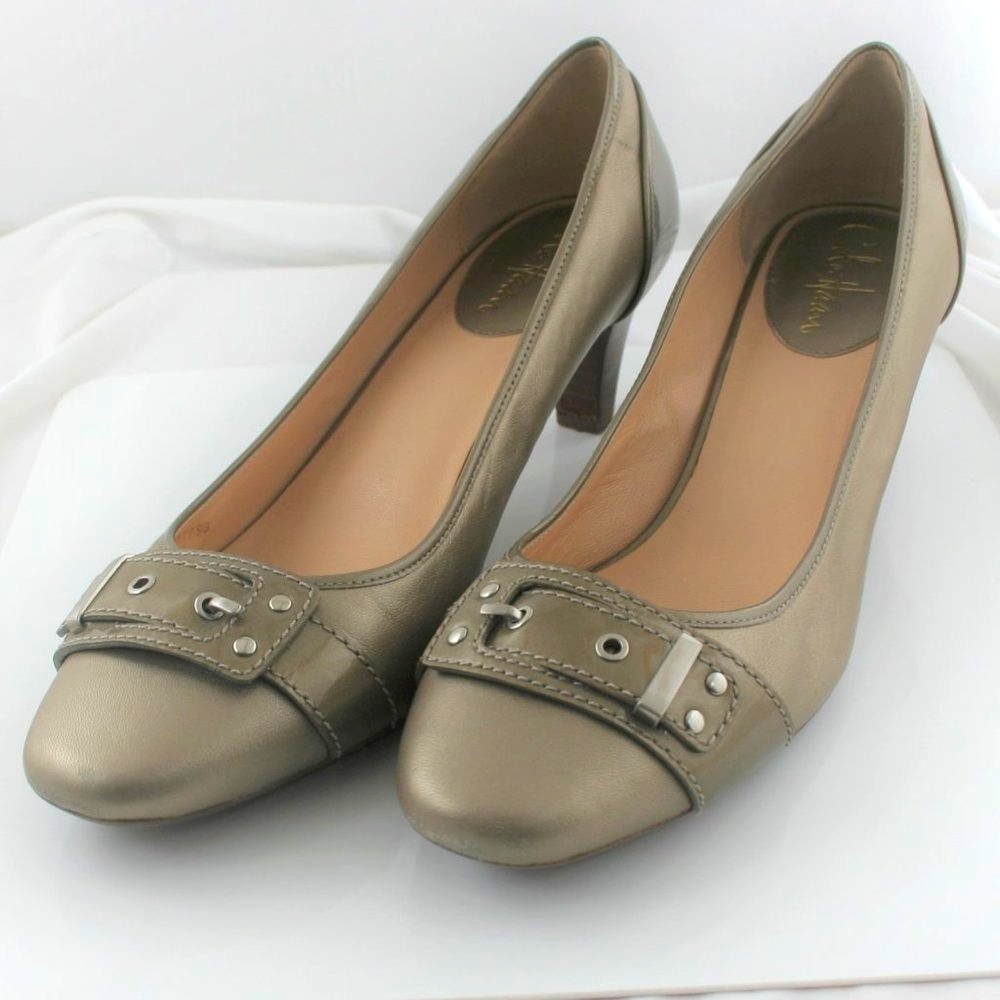 Cole Haan Leather Gold Pumps w/ Buckle Accent